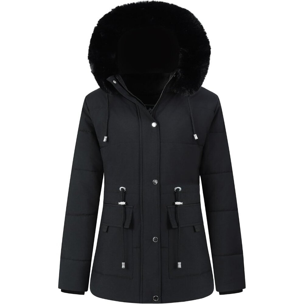 Women's Black Warm Winter Puffer Coat Thicken Fleece Lined Down Jacket